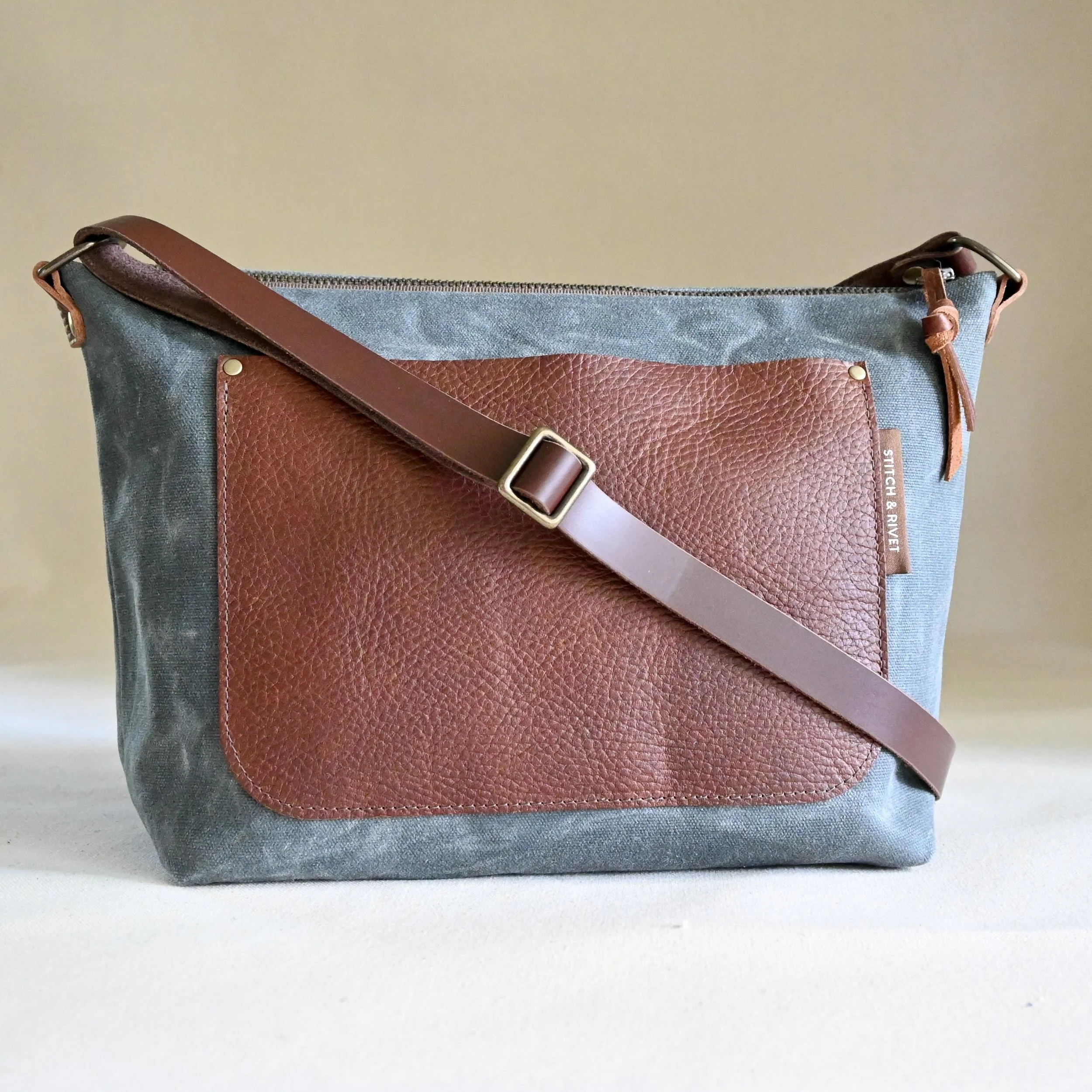 Handmade waxed canvas and leather crossbody Day Bag made and